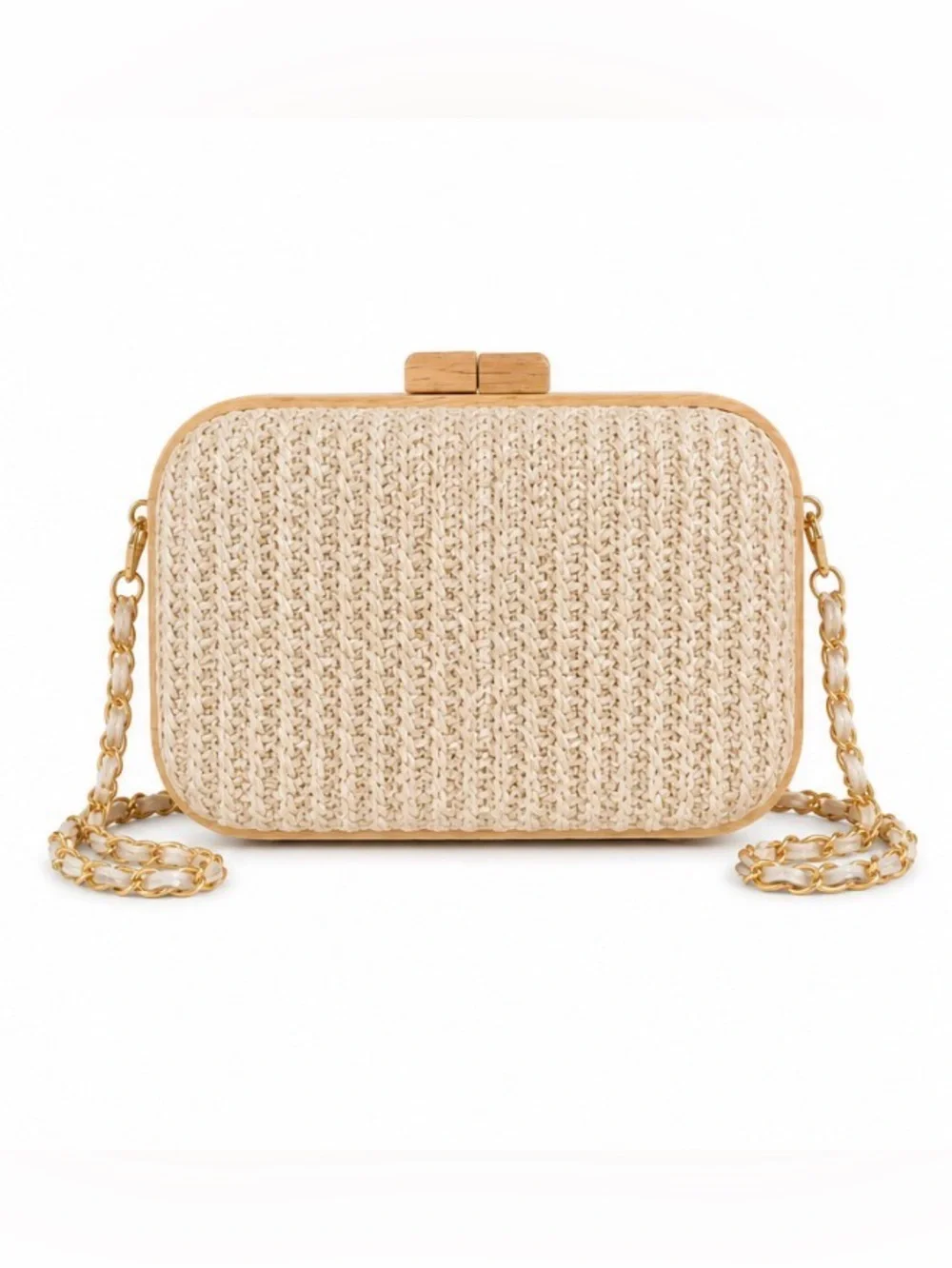 Tommy Bahama Raffia Woven Wood Frame Crossbody Clutch Gold Chain Natural NWT